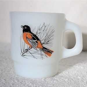 Vintage Anchor Hocking Fire King Milk Glass Baltimore Oriole Stacking Mug